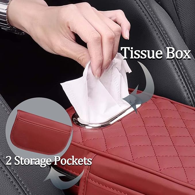 Car Center Console Armrest Pad for Lincoln, Leather Cover with Storage Pocket & Tissue Box Holder, Memory Foam Cushion for Aviator Standard SUV 2020-2025,Coffee