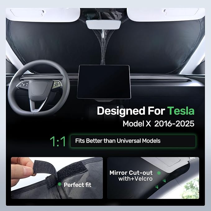2025 Upgraded Zanch Car Front Windshield Sun Shade- Ultimate UV Protection & Heat Reduction|OEM Design|Innovative No-Light Leakage Technology|4-Layer Protection|Fit for Tesla Model X (2016-2025)