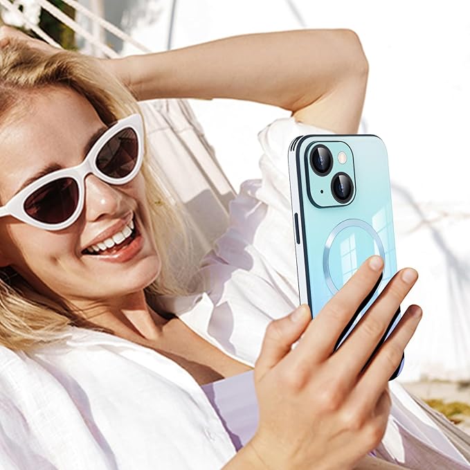 Guppy Compatible with iPhone 15 Case Magnetic, with Full Camera Lens Protector [Compatible with MagSafe] Scratch Resistant Gradient Glass Back Cover Phone Case-Blue