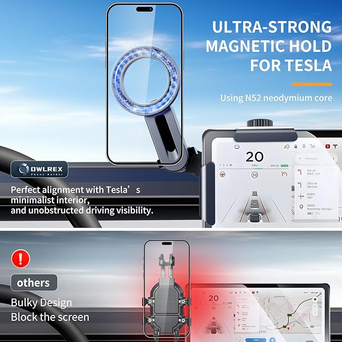 MagSafe Tesla Phone Mount for Model 3/Y/S/X/Cybertruck - Magnetic Car Phone Holder with N52 Magnet 360° Rotatable Alloy Stand Silicone Pad Screen Safe & Universal Fit Sky Grey