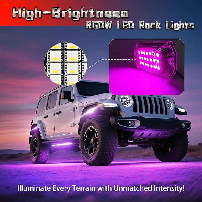 4 Pods Full Angle RGBW LED Rock Lights for ATV UTV RZR SXS Truck Jeeps Offroad,Waterproof Multicolor Neon Underglow Kit with APP/RF Remote, 12V Pure White Underbody Lights