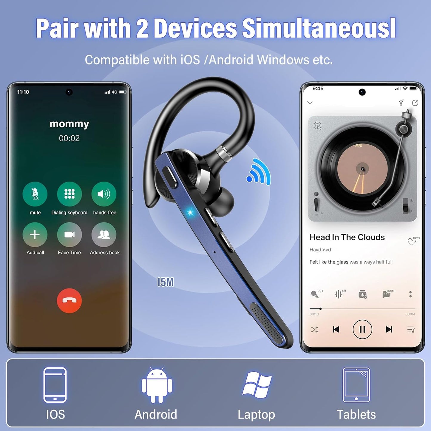 Bluetooth Headset, Wireless Bluetooth 5.3 Earpiece, 90Hrs Hands Free Headset with APTX HD Audio & Mute Button, Dual Noise Cancelling Mics, Single-Ear Headphone for Trucker/Business/Gym/Blue