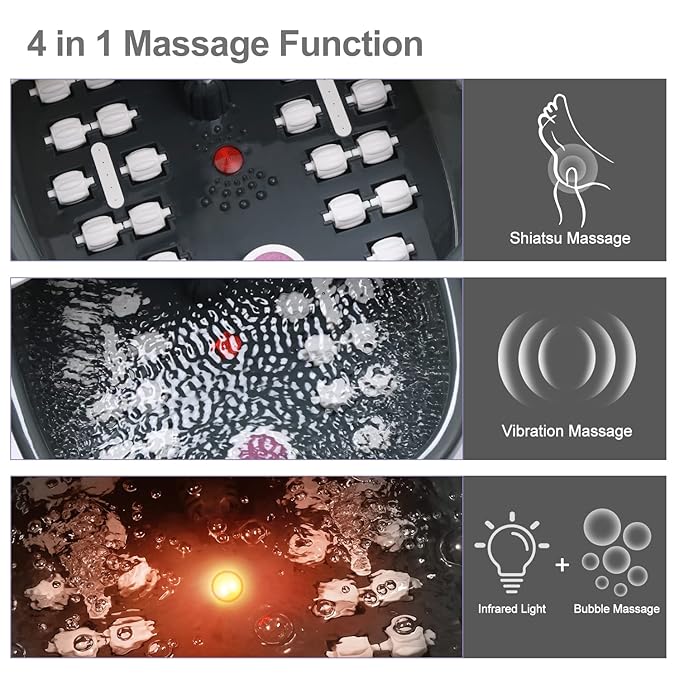 Foot Spa Bath Massager with Heat Bubbles and Vibration Massage and Jets, 16 OZ Calming Lavender Foot Soak Epsom Salt, MoodRelish Foot Soaker with Red Light, 22 Massage Rollers, Adjustable Temp -Grey