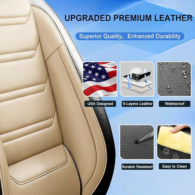 Fit CX-5 Car Seat Covers for Select Mazda CX5 2013-2024 2025 2026 - Premium Full Coverage Leather, Airbag Compatible, Waterproof & All Weather Seat Protector, Front Pair Black+Beige