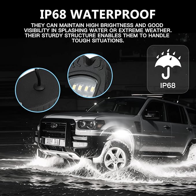 8 Pods Pure White LED Rock Lights, IP68 Waterproof Aluminum 6500K Bright White Underglow Light with Extension Cord Harness,12V Metal Fender Lights for Jeeps Trucks Off Road UTV ATV Car Golf SXS Etc