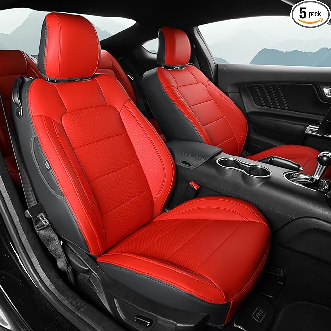 GIANT PANDA Customized Full Set Car Seat Covers Fit Ford Mustang Coupe Hardtop 2015 2016 2017 2018 2019 2020 2021 2022 2023 2024 2025 2026- (Black+Red)