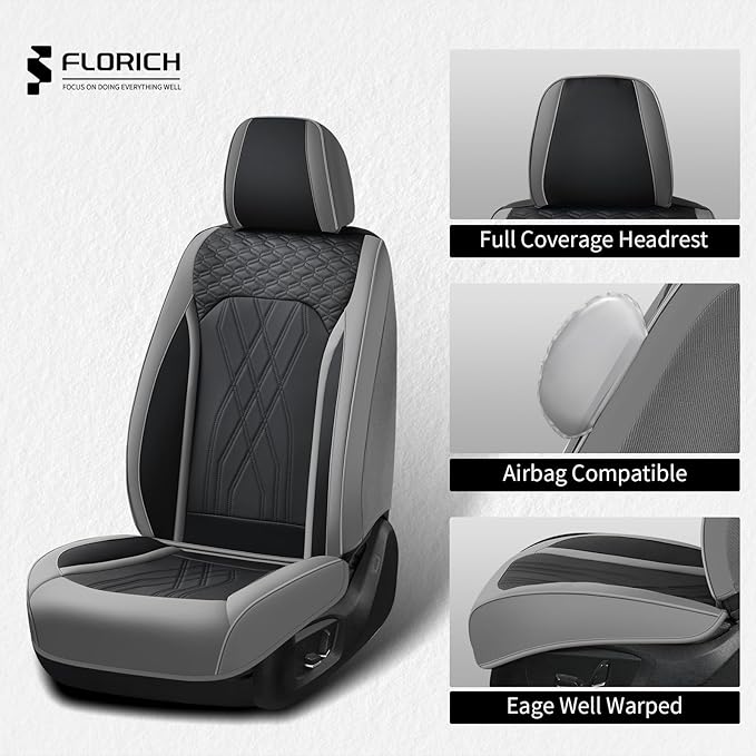 FLORICH Leather Seat Covers for Cars Front and Rear Car Seat Cover Premium Car Seat Protector Luxury Automotive Seat Covers Full Set Universal Fit for Most Car Truck SUV, Gray&Black