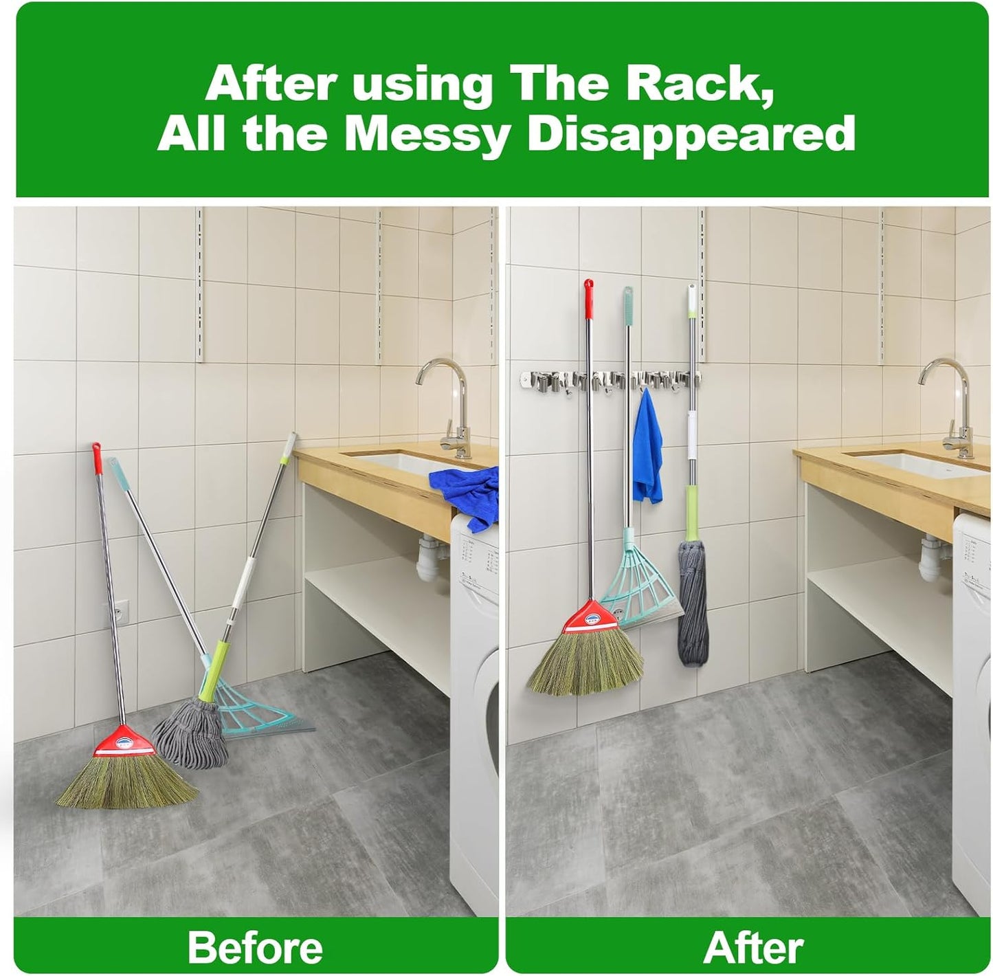 voze 3 Racks and 4 Hooks Mop and Broom Holder Wall Mount, Self Adhesive Heavy Duty Broom Organizer Storage Tool Racks for Kitchen Garden Laundry Garage