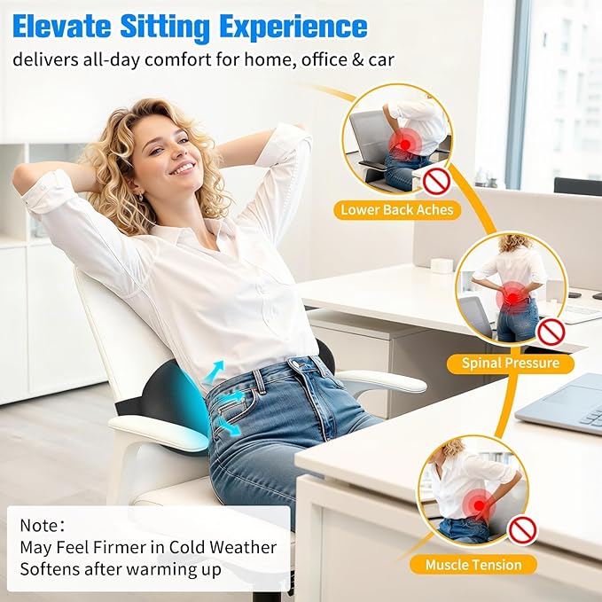 Lumbar Support Pillow for Office Chair - Memory Foam Lumbar Pillow with Detachable Strap & Breathable Cover, Ergonomic Back Support for Office Chair, Car, Bed Rest (Black)