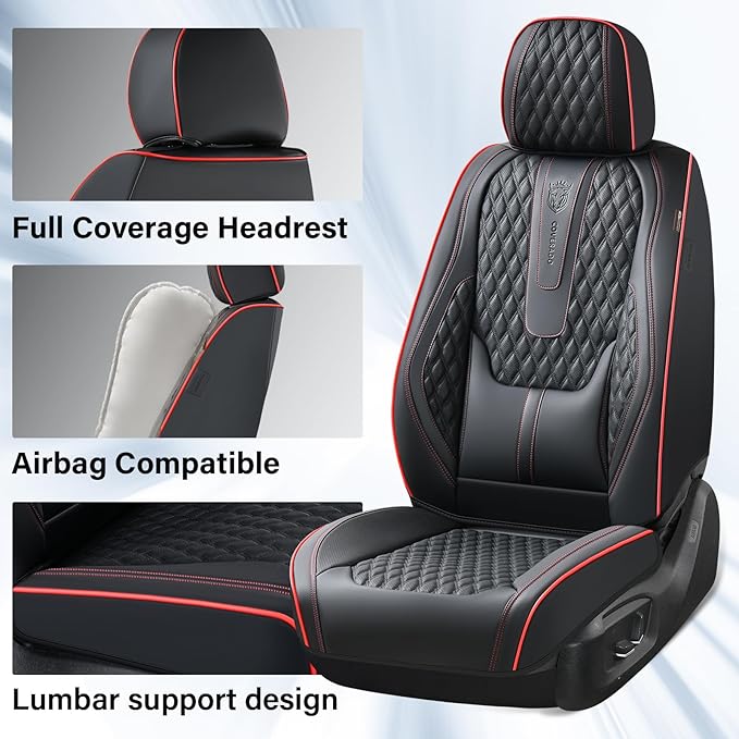 Coverado Front Seat Covers, Car Seat Covers Front Seats, Nappa Leather Seat Covers for Cars, Waterproof Seat Covers with Lumbar Support Universal Fit for Most Cars SUV Trucks (Front, Black-Red line)