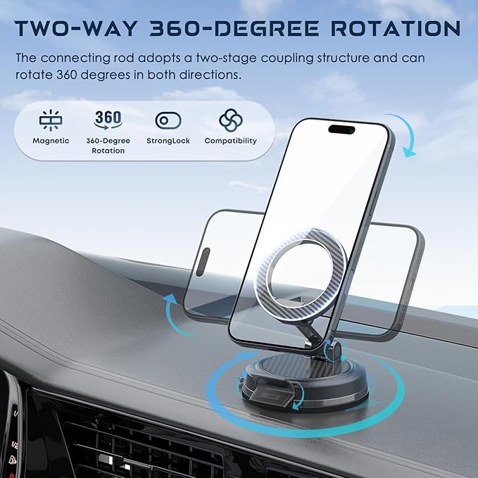 Strong Magnetic Phone Holder for Car & Desk, Compatible with MagSafe, Secure Lock, Universal 360° Rota-Table Car Phone Mount for Dashboard, Glass, Table, Carbon Fiber Deep Black