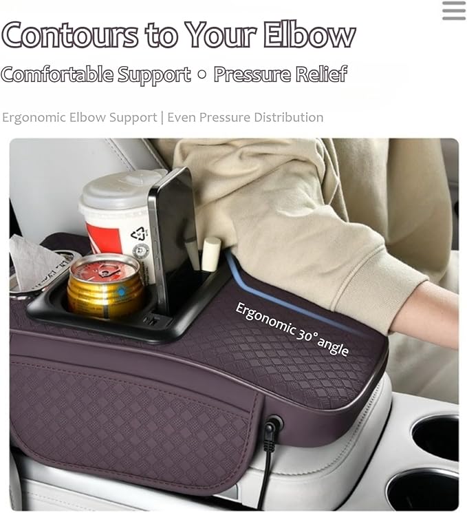 2026 Upgraded Car Center Console Cushion with 30w USB& Type-C Charging Ports, Leather Car Armrest Pad Cover, Interior Accessories for Most Vehicles (Ergonomic Sloped Version, Grey)