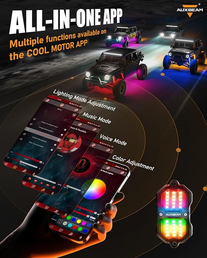 Auxbeam 8 Pods Chasing Color RGB LED Rock Lights, Bluetooth APP&Remote Control, Wheel Well Lights w/Brake Mode, Music&Voice Sync Underglow for Trucks Offroads RVs Boats Waterproof, 1 Year Warranty