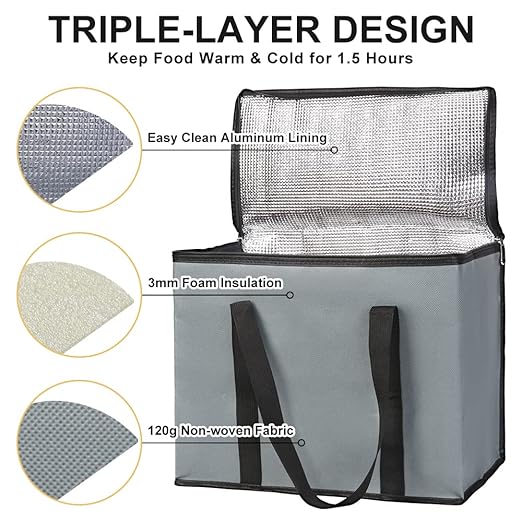 CIVJET Insulated Grocery Shopping Bags, X-Large Food Delivery Bag for Delivery Drivers, Reusable Tote Cooler Bag for Travel, Dark Gray, 2-Pack