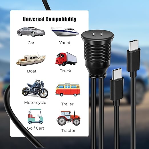 Dual Port USB C 2.0 Male to USB C 2.0 Female Extension Cable,Flush Mount Waterproof Panel Cable for Car,Truck,Boat,Motorcycle Dashboard 3.3ft