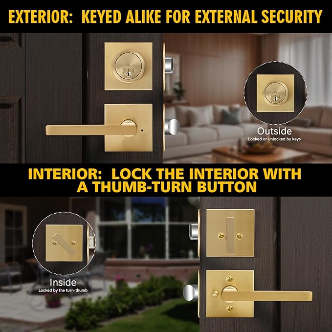 Gold Heavy Duty Privacy Lever Door Handle and Single Cylinder Deadbolt Lock,Exterior Door Lock Set with Deadbolt(3Pack-Set,Satin Brass)