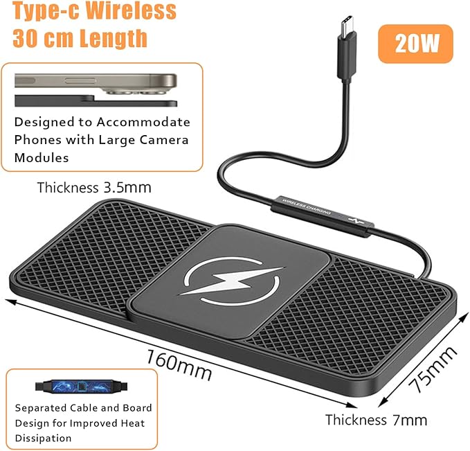 Wireless Car Phone Charger for Honda Pilot (YK1) 2016 – 2022, Type C/USB 20W Fast Charging Pad, Non-Slip Charging Station for Travel Home Office Desk, Lightweight,Type-C