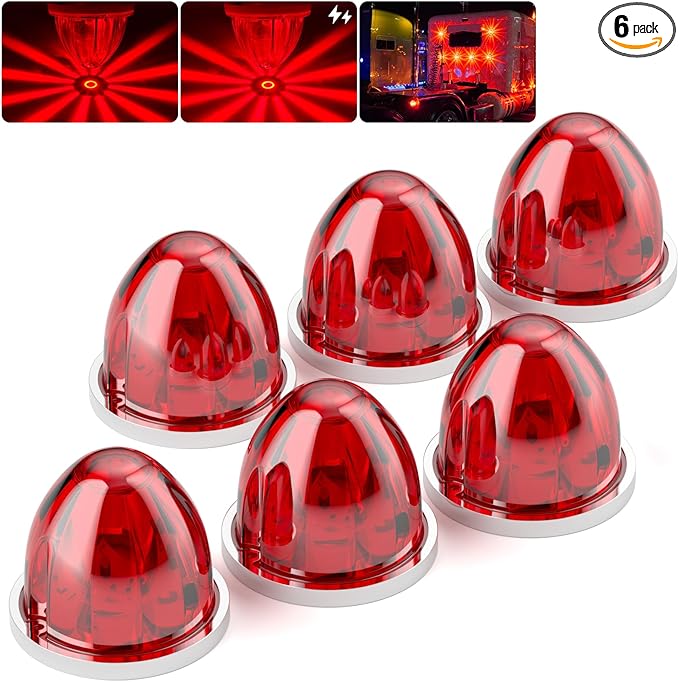 BJZ 6Pcs Red Watermelon LED Strobe+Constant Marker Lights Dual Function Watermelon-Shaped Side Marker Clearance Tail Top Cap Roof Lights for Trailer Truck Semi-Trailer Heavy-Duty Truck Bus Van