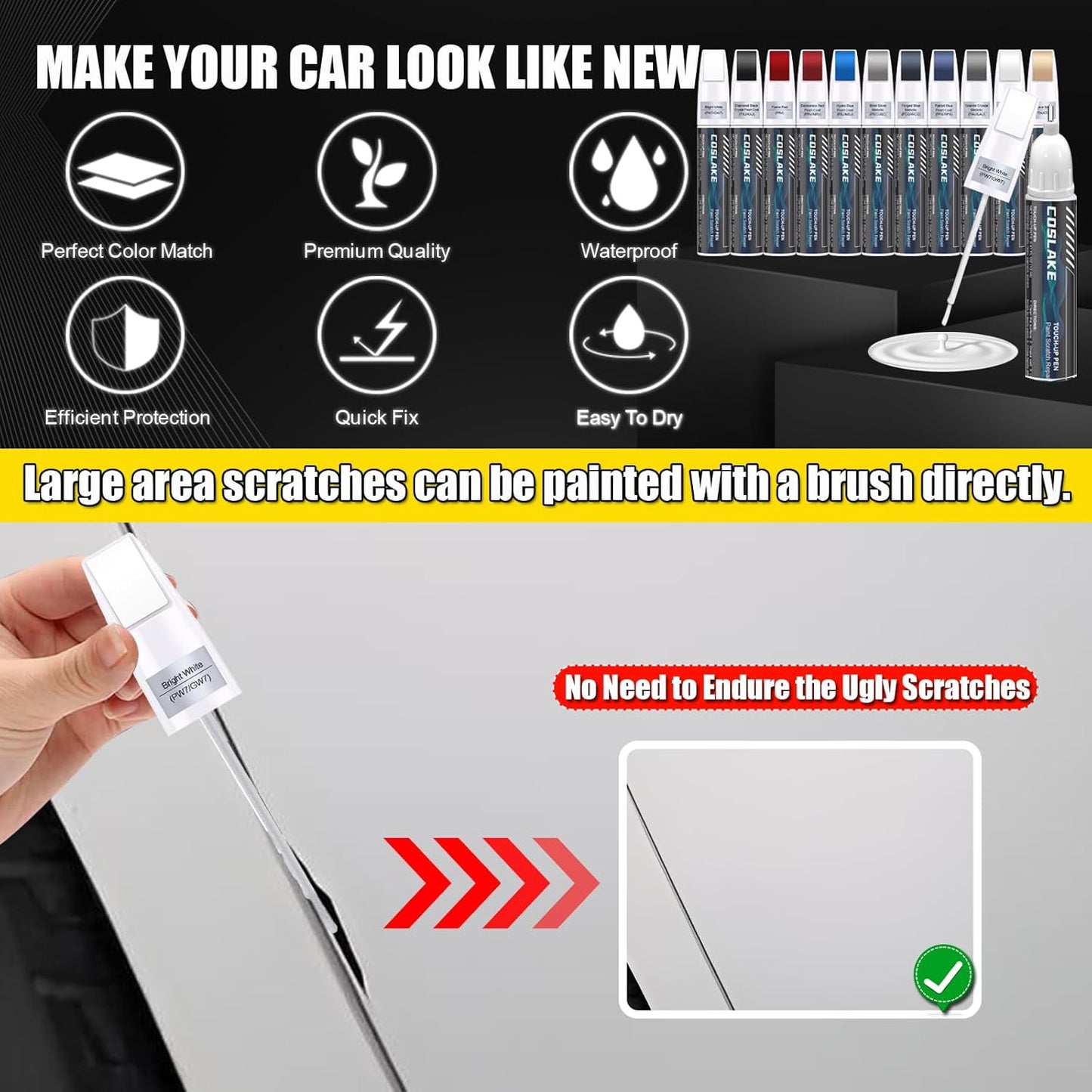 Car Touch Up Paint(Diamond Black Crystal Pearl-Coat(PXJ/KXJ)) for Dodge Ram, Car Paint Scratch Repair Kit, Quick & Easy Solution to Repair, 2 in 1 Scratch Remover Pen with 2PCS Disposable Micro Applicators