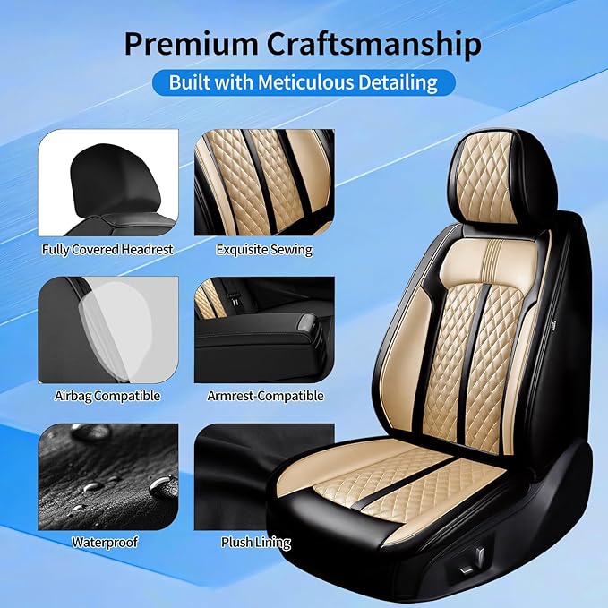 Fit CX-5 Car Seat Covers for Select Mazda CX5 2013-2024 2025 2026 - Premium Full Coverage Leather, Airbag Compatible, Waterproof & All Weather Seat Protector, Front Pair Black+Beige
