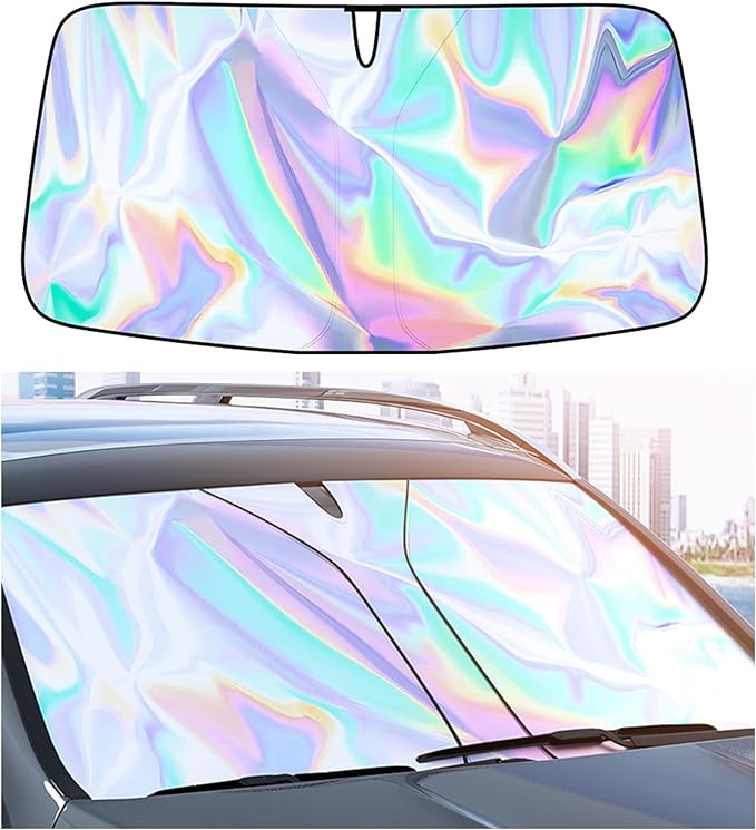 Sunshade Car Front Windshield Laser Titanium Silver Sun Shade Iridescent Cars Sunshade Foldable Sun Shield Cover Block UV Rays, Car Light Blocking Curtain Suitable for Most Cars Medium 55.9 x 29 in
