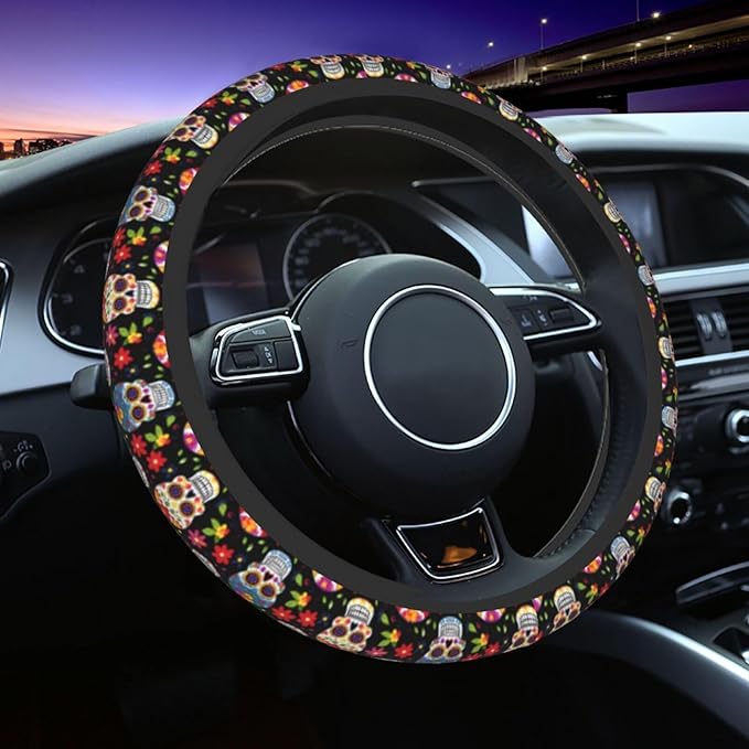 Skull Cute Steering Wheel Cover Non-Slip Breathable Sweat-Absorbent Suitable for SUV Van Truck Car Universal Protection Accessories 15 Inch Suitable for Women Men
