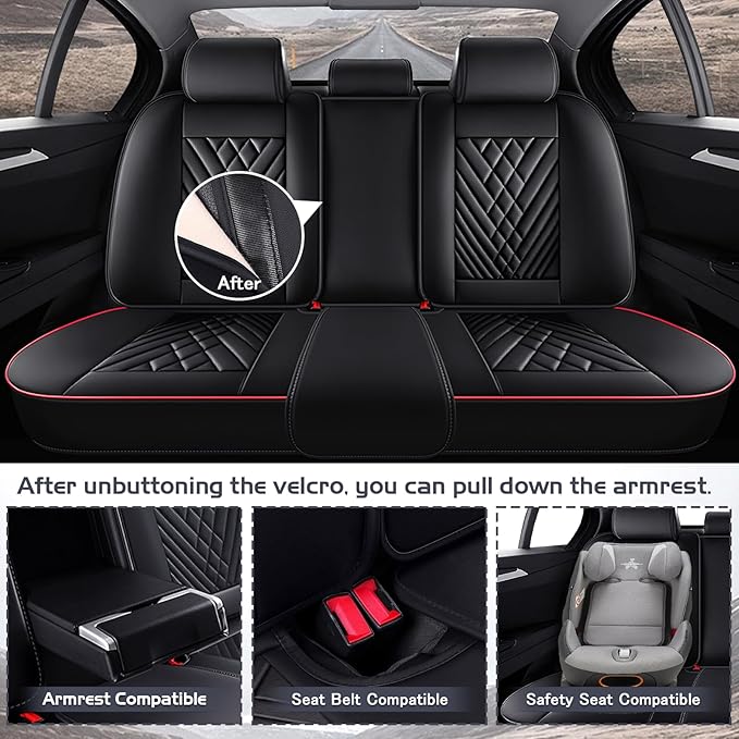 Truck Seat Covers for Ford F350 2011-2026, Waterproof Premium Leather Full Coverage Car Seat Cover, Muscle Sport Style Auto Interior Seat Cover Sets (Full Set/Black Red)