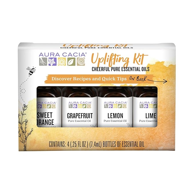 Aura Cacia Cheerful Pure Essential Oils Uplifting Kit, 0.25 fl oz 4-Pack, Grapefruit, Lemon, Lime, Sweet Orange Aromatic Oils