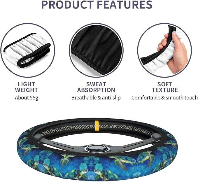 Sea Turtle Cute Steering Wheel Cover Non-Slip Breathable Sweat-Absorbent Suitable for SUV Van Truck Car Universal Protection Accessories 15 Inch Suitable for Women Men
