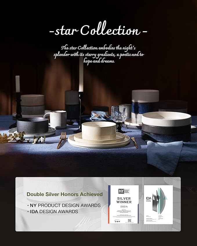 Famiware Star Dinnerware Set with Mugs, Service for 6 (24 Pieces), Ribbed Stoneware Plates and Bowls Dishes Sets - Chip & Scratch Resistant, Microwave & Dishwasher Safe, Matte Dark Charcoal