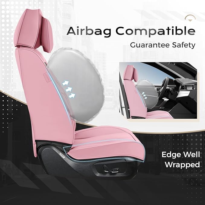 Coverado Seat Covers Full Set, 5 Seats Seat Covers for Cars, Waterproof Nappa Leather Car Seat Covers with Head Pillow, Seat Protectors Car Seat Cushion Universal Fit for Most Cars (Pink)