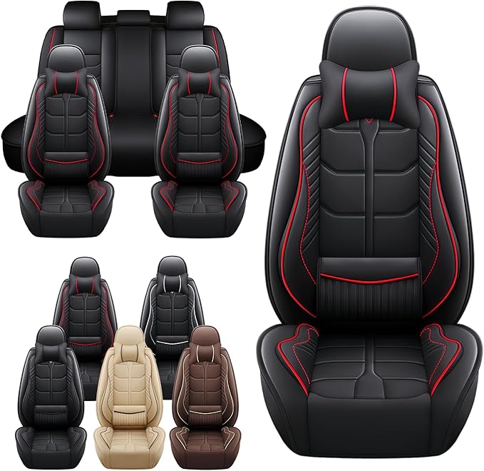 Leather Car Seat Covers Fit for Toyota C-HR CHR 2018-2024, 5 Seater Car Seat Cover, Premium Waterproof, Scratch Resistant Car Interior Accessories (Full Set with Pillow Black Red)