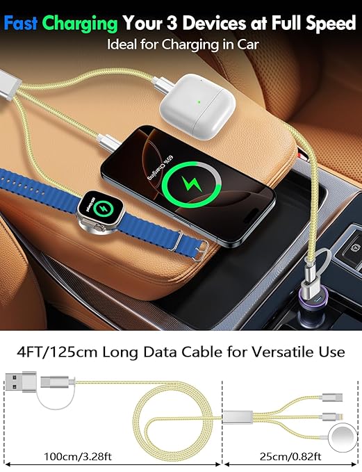 2Pack Multi Charging Cable Cord for Travel Essentials,Apple Watch Charger,iPhone Charger,[3-in-2] Type C/L Cable Portable Designed for iWatch,iPhone 17-8,Galaxy S25-21,AirPods,iPad-4FT Yellow