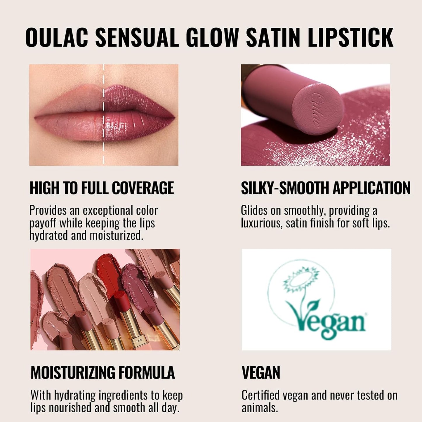 Oulac Color Rich Satin Matte Lipstick – Nude Peach Lipsticks for Women, Long Lasting, Hydrating Lip Color, Non-Drying Velvet Finish, Creamy Texture, Full Coverage, Vegan, SG04