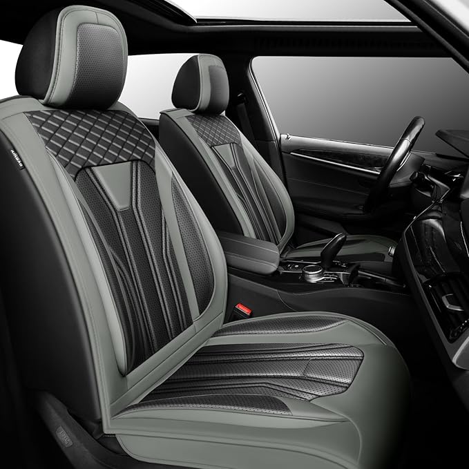Fit Rogue Car Seat Covers Compatible with Nissan Rogue 2011-2025 2026 - Premium Leather， Waterproof Breathable， All-Weather Seat Cushion Protecto&Airbag Compatible (2 Front Seat Gray&Black)