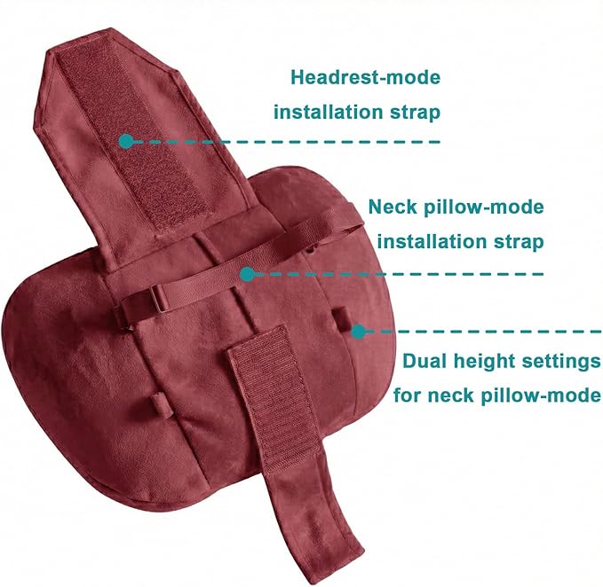 2PCS Car Pillow for Car Neck Pillow for Driving Seat Neck Support Soft Cushion Back Support Head-Rests for Vehicle Sleeping with Elastic Adjustment Strap (Red, Head and Lumbar)
