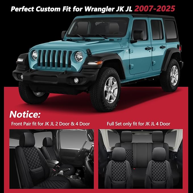 Wrangler Seat Covers 2007-2026 Front Pair, Waterproof Leather Interior Sets with Lumbar Support Custom Fit for Jeep Wrangler JK JL 2/4 Door Unlimited Sahara/Sport/Rubicon X 392 Willys, Black