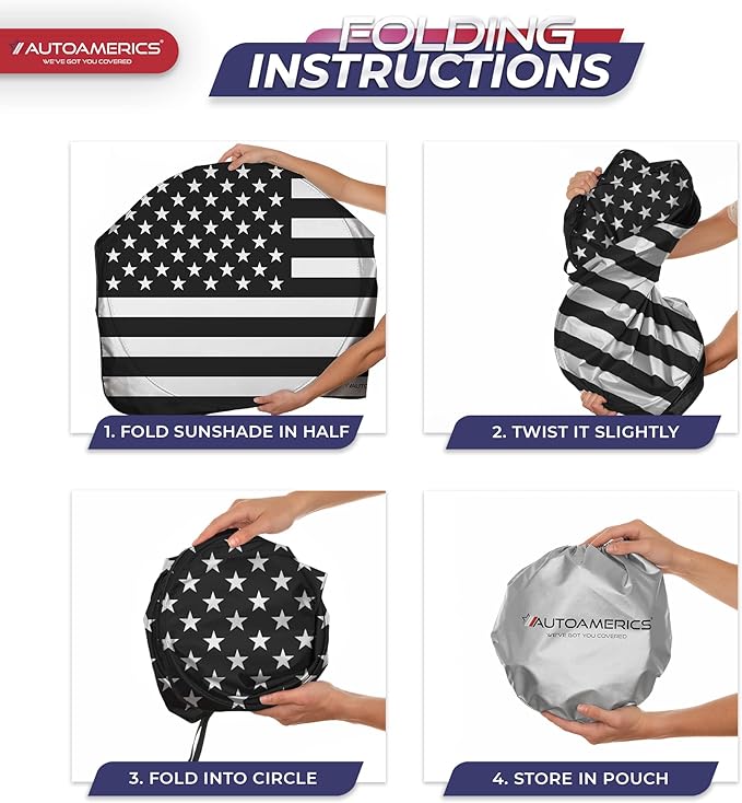 Autoamerics 1-Piece Windshield Sun Shade B&W American Flag USA Patriotic Design - Foldable Car Front Window Sunshade for Most Sedans SUV Truck - Blocks Max UV Rays and Keeps Your Vehicle Cool - Small