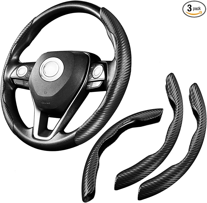 WSSROGY 3 Pack Anti-Skid Segmented Carbon Fiber Car Steering Wheel Cover Protector Universal for Most Car Wheel (Black)