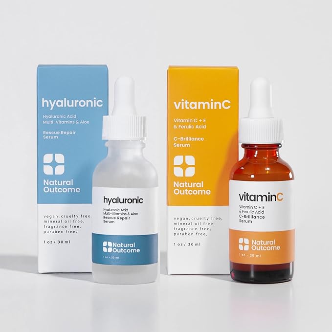 Natural Outcome Face Serum Set Hydrating Hyaluronic Acid and Vitamin C Face - Pack of Two Anti Aging Facial Serum Kit 1 oz Each, Vegan, Cruelty Free & Fragrance Free