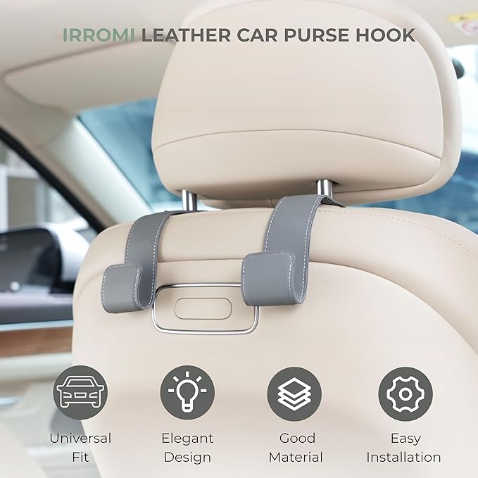 Car Seat Hooks - 2 Pack Upgraded Leather Headrest Hooks for Hanging Purse and Bag, Car Organization Accessories (Black)