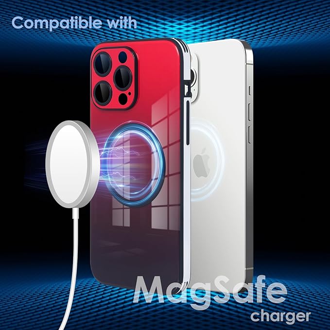 Guppy Compatible with iPhone 16 Pro Max Case Magnetic, with Full Camera Lens Protector [Compatible with MagSafe] Scratch Resistant Gradient Glass Back Cover Phone Case-Red