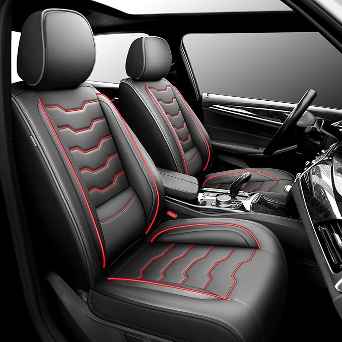 Fit Kona Car Seat Covers for Select Hyundai Kona 2018-2025 2026. Premium Leather, Waterproof， Breathable, Scratch-Resistant & All-Weather Seat Cushion Protector (Front Pair,Red Line Black)