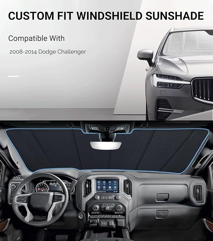 Windshield Sun Shade for Dodge Challenger 2008-2014. Reflective Aluminum Film Front Window Sunshade - BLAZBLOCK