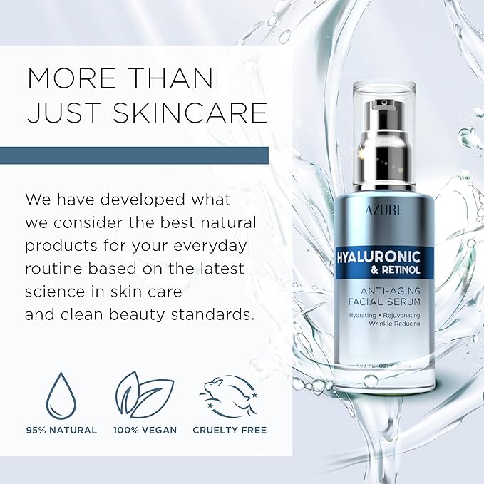 Azure Cosmetics Hyaluronic Acid Serum For Face - Ultra Hydrating, Dermatologist Tested, Anti-Aging Moisturizer for Dark Spots, Fine Lines & Wrinkles - Vegan, Clean Beauty, Korean Skin Care - 1.69 oz