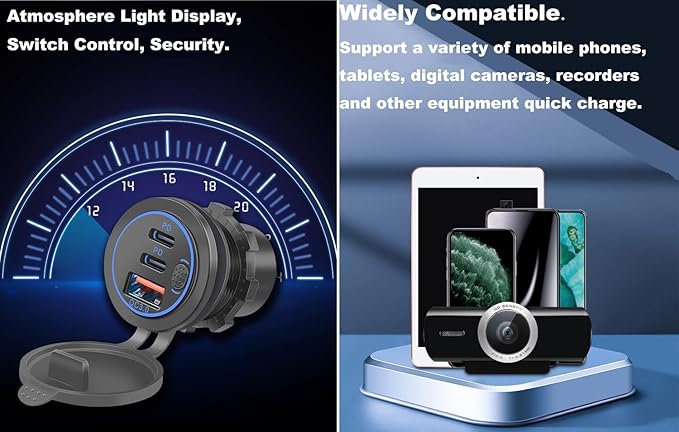 3 Ports 18W USB Car Charger with Switch, 12-24V QC 3.0 USB & Dual PD USB C Cigarette Lighter Socket Outlet, Dashboard Mount Quick Charge Charger for Car Motorcycle Truck Marine Boat (Blue)