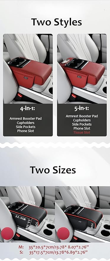 Armrest Box Pad for Car w/Type-C Charging Interface, Car Center Console Cover w/Cup Holder, Interior Car Accessories (Burgundy)