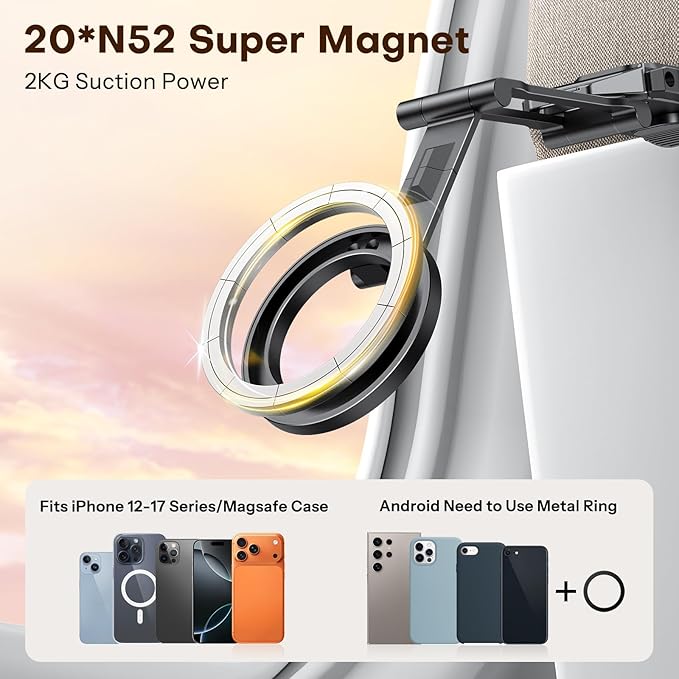 OMOTON 360°Rotating for MagSafe Tripod with 1/4" Screw Arca, Adjustable Magnetic Phone Tripod for iPhone 17/16/15 Pro Max Air, Fold Selfie Stick Fits Vlog, Gym, Travel Essentials, Black& Black Pro