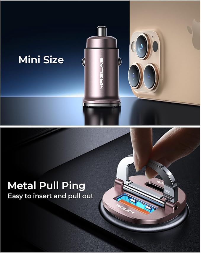 MRGLAS 125W USB C Car Charger, [Mini & Metal] USB C Car Charger Adapter Fast Charging PD65W & QC60W Dual Port Type C Car Cigarette Lighter USB Charger for iPhone 16 15 14 Pro Max S25 MacBook-Pink
