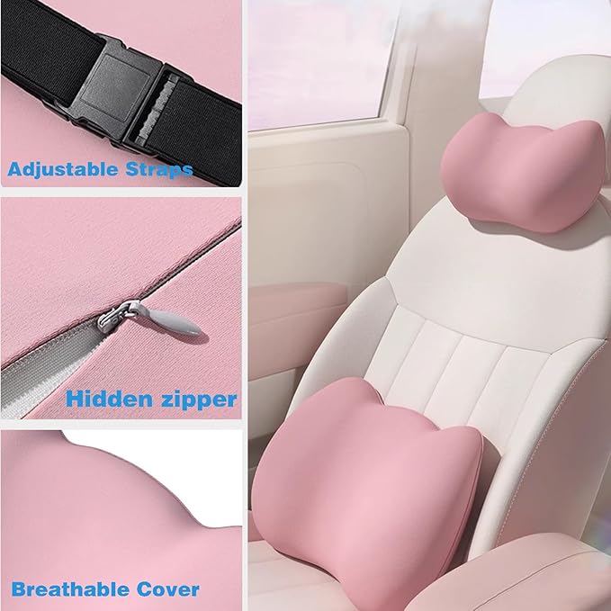 Lumbar Support Pillow for Car/Office Chair, Memory Foam Back Cushion for Car Seat, Lower Back Pillow Fits Most Cars, Trucks, with Adjustable Strap and Washable Cover, Back Pain Relief,Green
